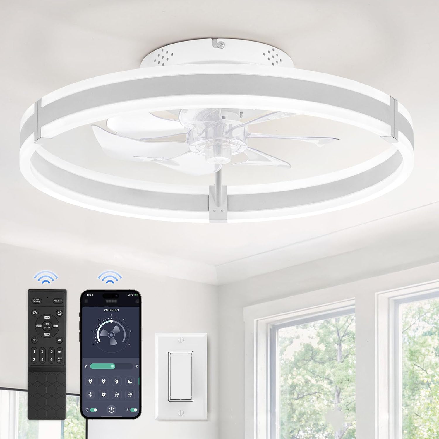 Piptyllite Ceiling Fan with LED Lights Remote, 6-Speed Quiet Reversible Motor, Flush Mount Dimming for Bedroom,White