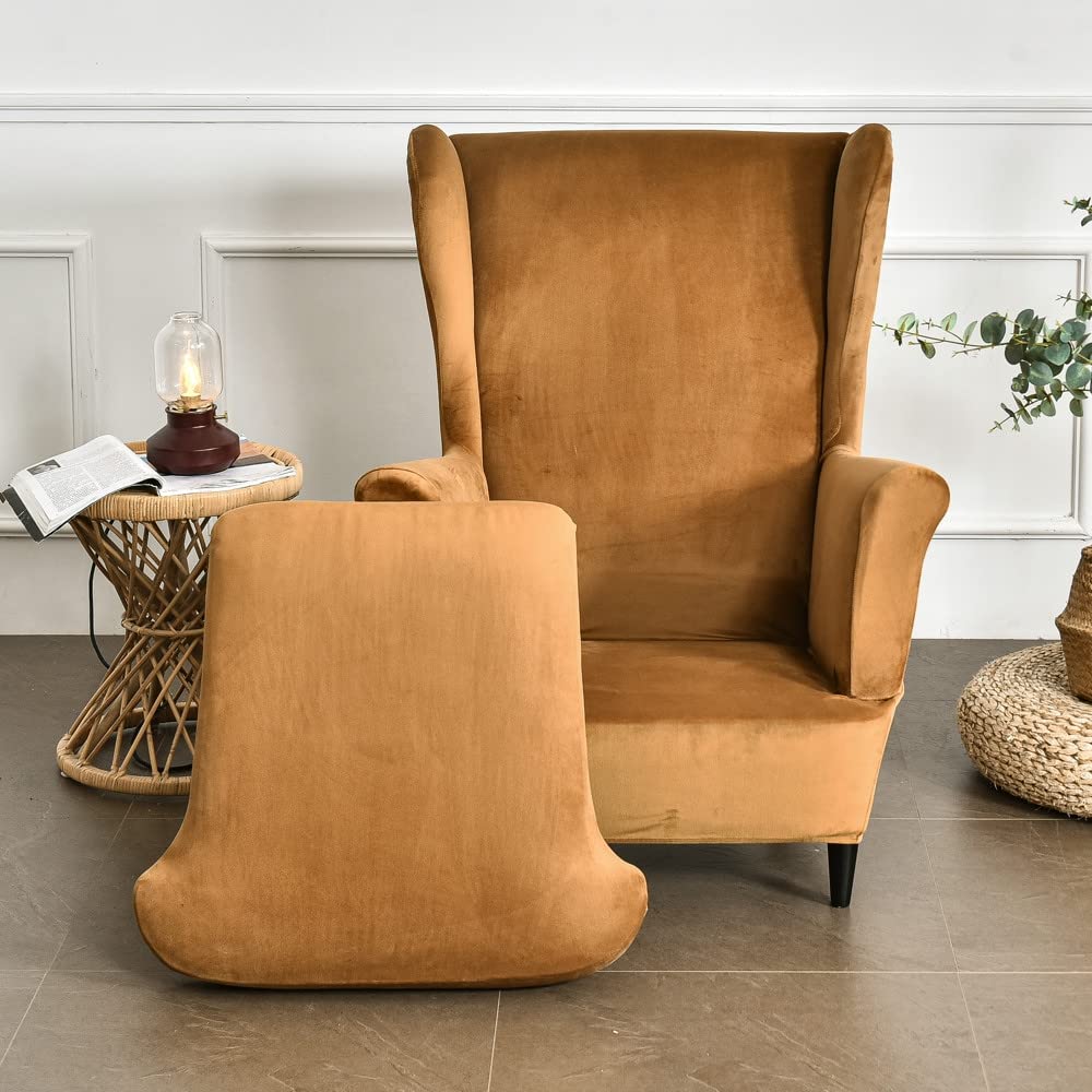 Highdi Terciopelo Funda de Sillón de Orejas Elástica con Funda Otomana, Funda de Sofá Relax 2 Piezas con Funda de Cojín, Fundas Protector de Butaca para Dormitorio, Recepción, Club (Caqui)