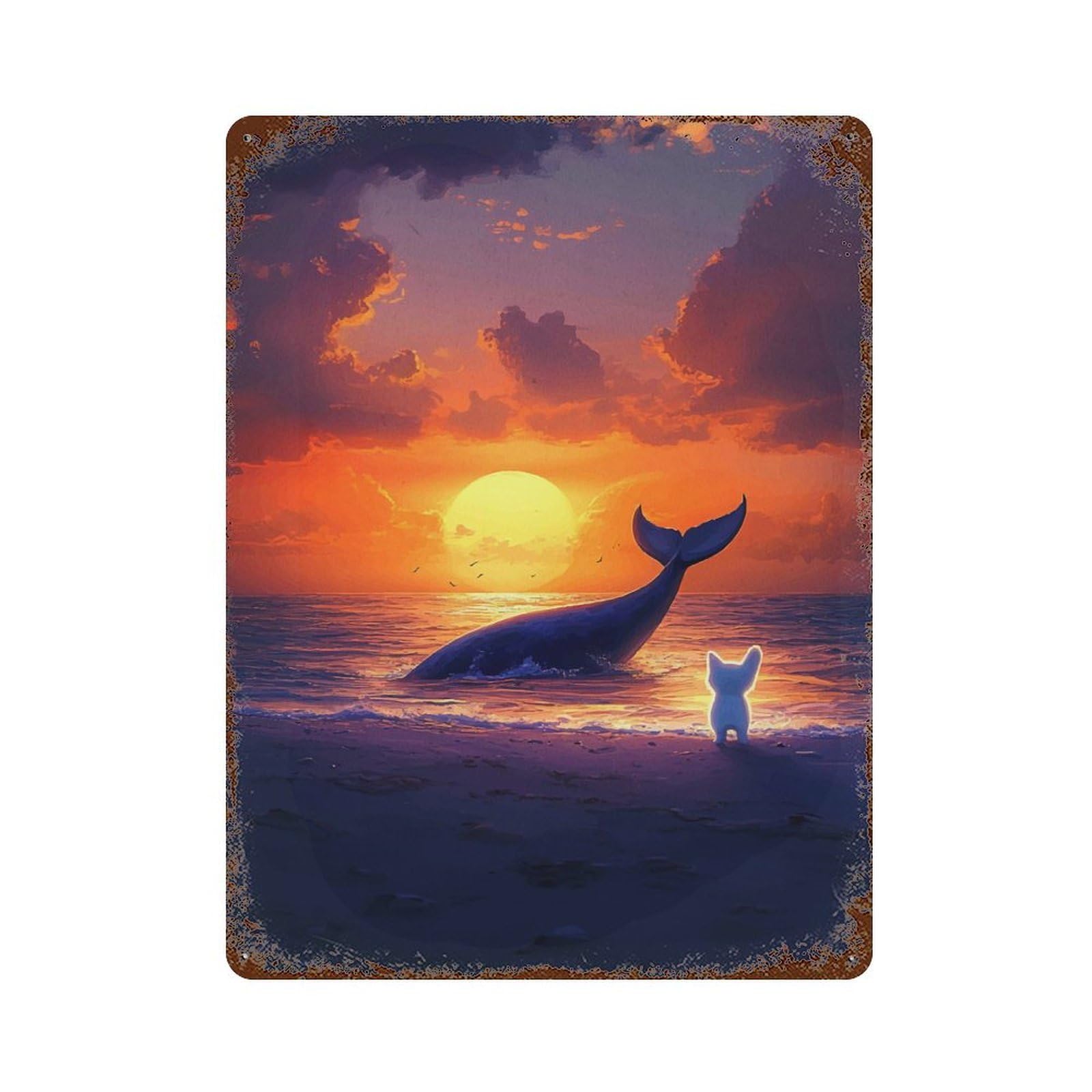 Rust Effect Whale Sunset with Dog Rusty Metal Tin Sign 15.7"x11.8", Old School Wall Decor for Cafe, Home Bar And Lounge Decor