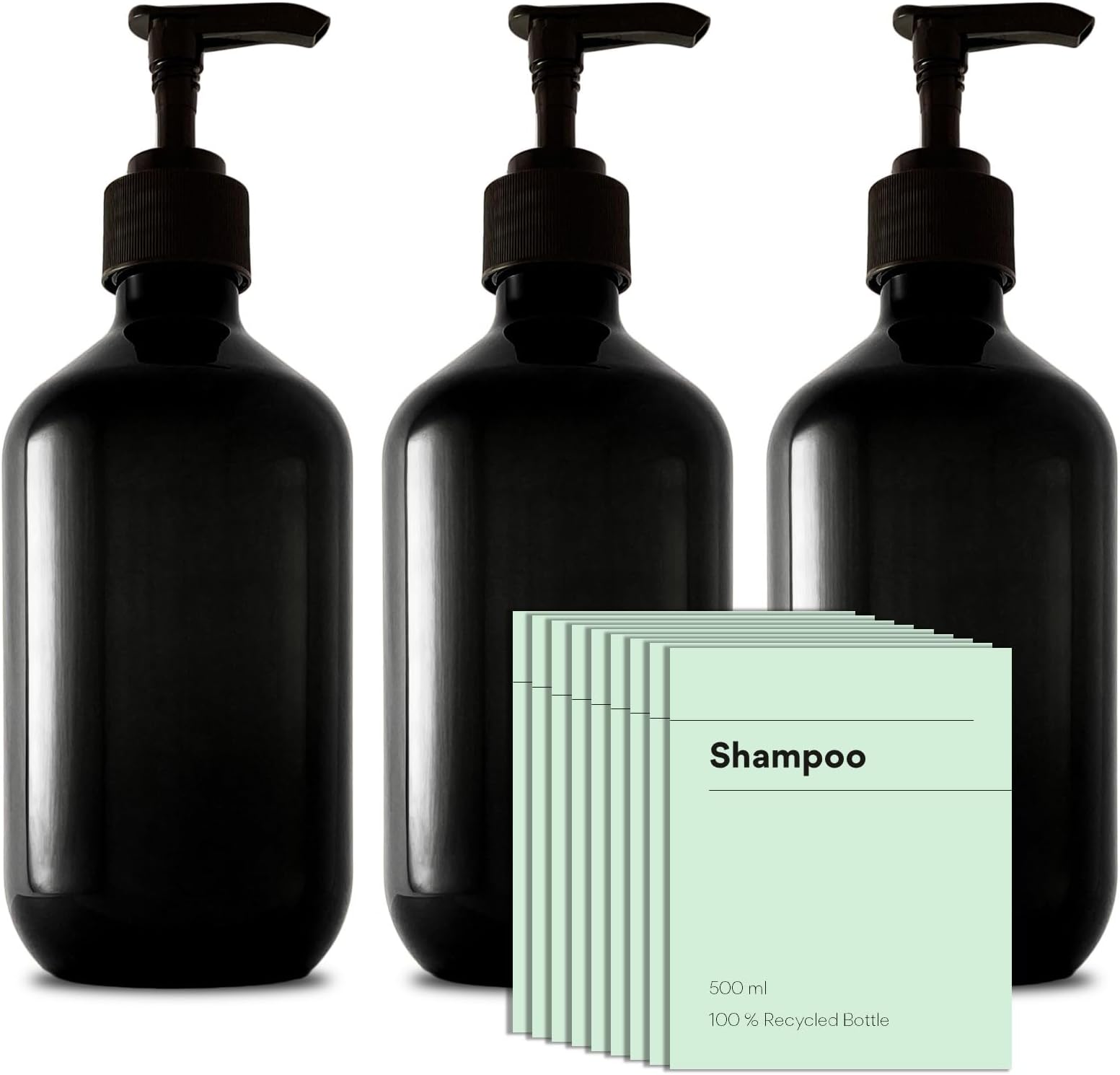 Recycled Plastic Pump Bottle Dispenser 3 x 500ml, Bathroom Bottles With Labels, Empty Refillable Shampoo and Conditioner Bottle with Pump for Liquid Hand Soap, Shower Gel, Body Wash, Lotion, Black