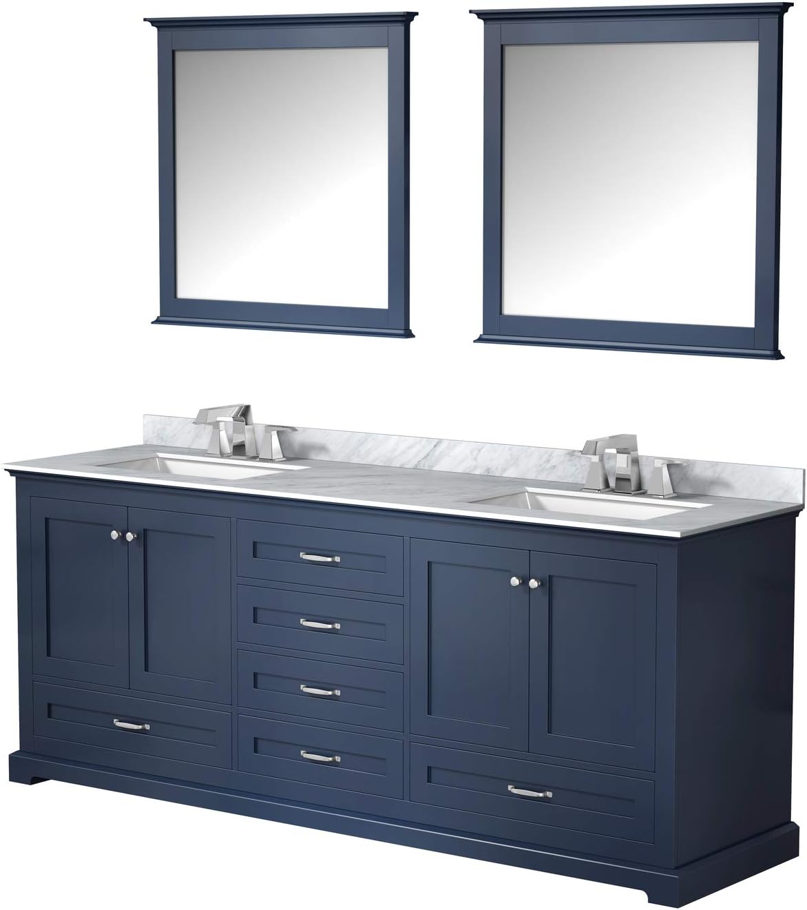 Dukes 80 in. W x 22 in. D Navy Blue Double Bath Vanity, Carrara Marble Top, Faucet Set and 30 in. Mirrors