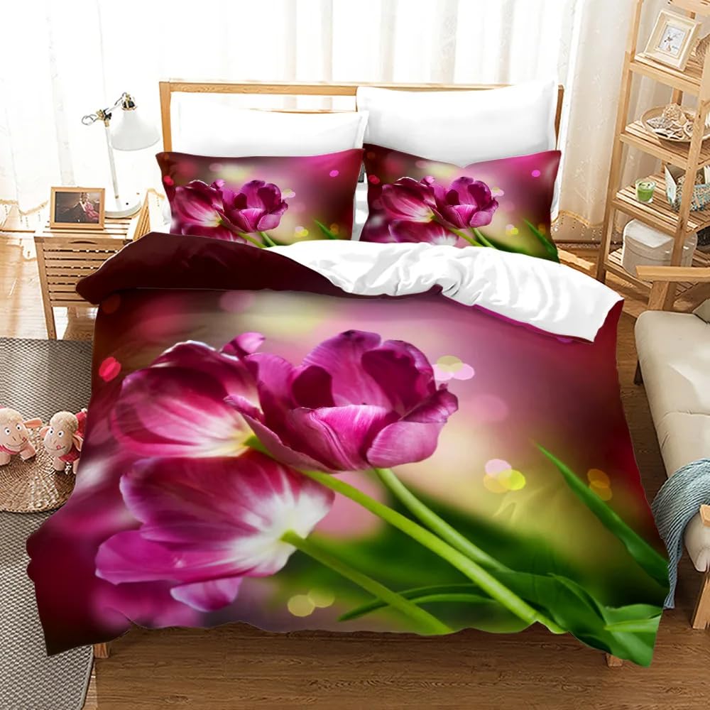 QBIDCSX King Size Duvet Cover Sets Flowers King Size Bedding Sets Patterned Bed ding 230x220 cm and 2 Pillowcases 50x75 cm with Zipper - Warm & Ultra Soft Brushed Microfiber