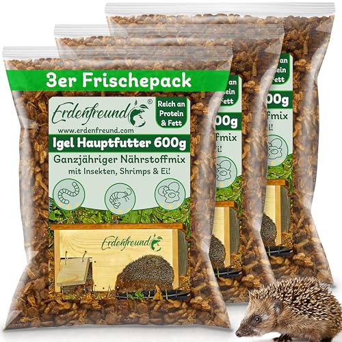 ERDENFREUND Igelfutter mit Insekten Shrimps & Ei 3x600g Spezialigelfutter Trockenfutter hoher Protein und Fettanteil artgerechtes Igelfutter kaufen (3x600g Alleinfutter für Igel in Frischepacks)