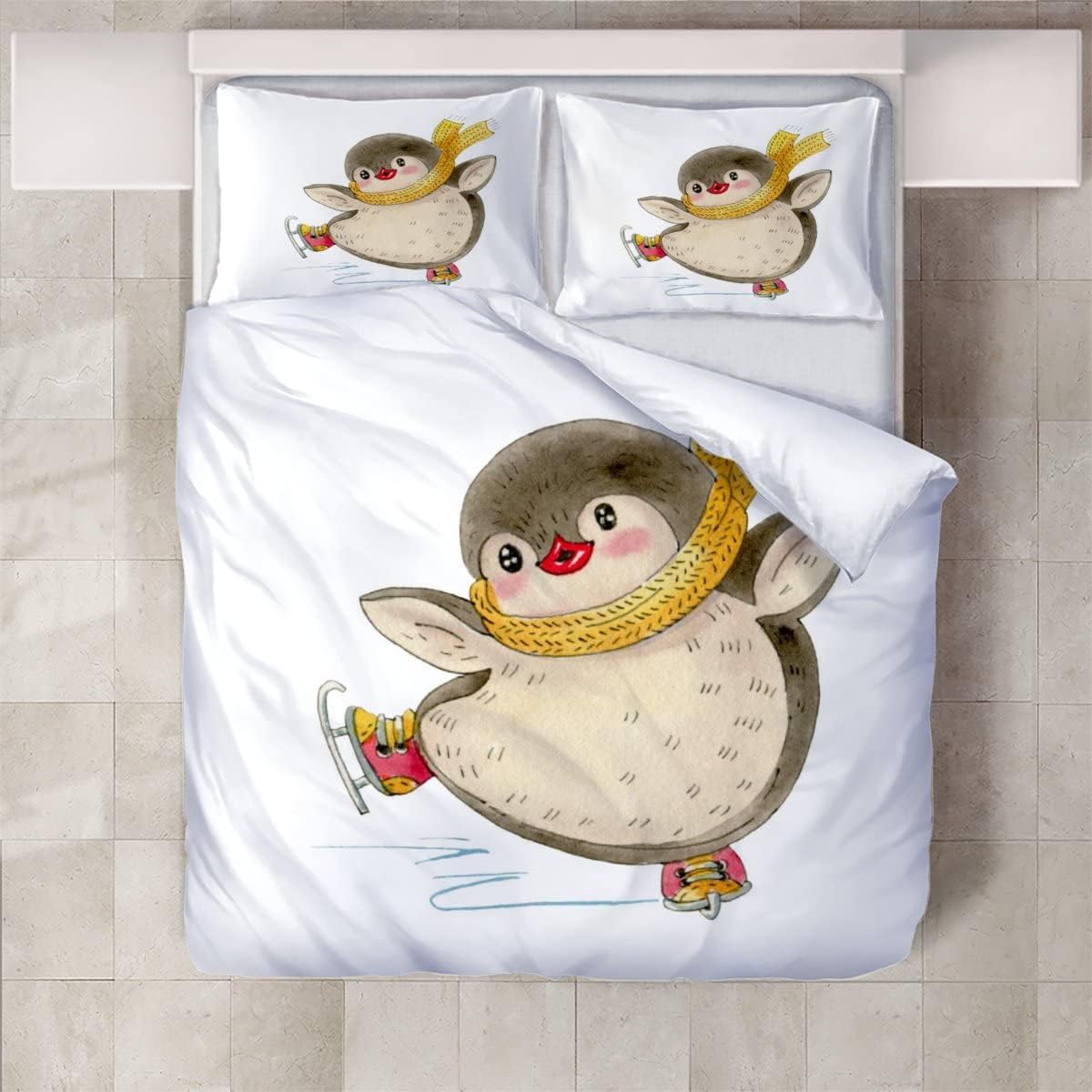 3D Duvet Cover 3 Pieces Cartoon Penguin Pattern Printed Bedding Duvet Cover with Zipper Closure Soft Microfiber（200X200Cm）