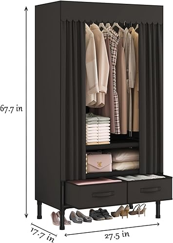 Miniatura 3 de Armario portátil, perchero resistente con cubierta, armario con 1 varillas para colgar, 2 estantes de almacenamiento y 2 cajones, 27.5 pulgadas de
