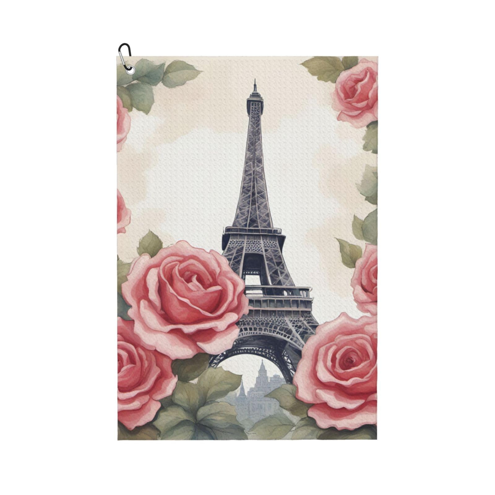 Anceky Eiffel Tower Rose Flower Print Golf Towel 24"X16" Microfiber Golf Cleaning Towel with Carabiner Clip for Golf Bags