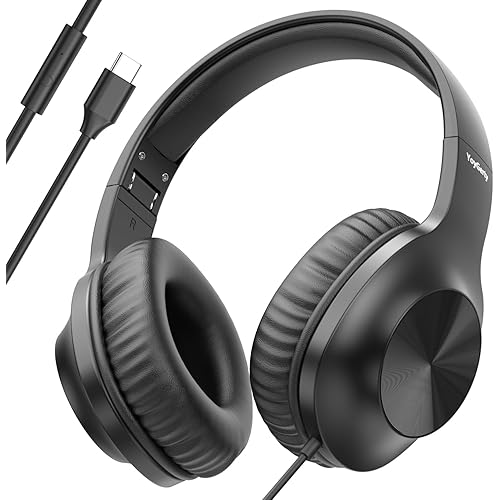 Upgraded USB C Wired Headphones, Over-Ear Type C Headphones with Microphone, HD Stereo Sound, Volume Control, Foldable USB Type C Headphones for Adults/Teens//Tablets/Computer/iPhone/Travel(Black)