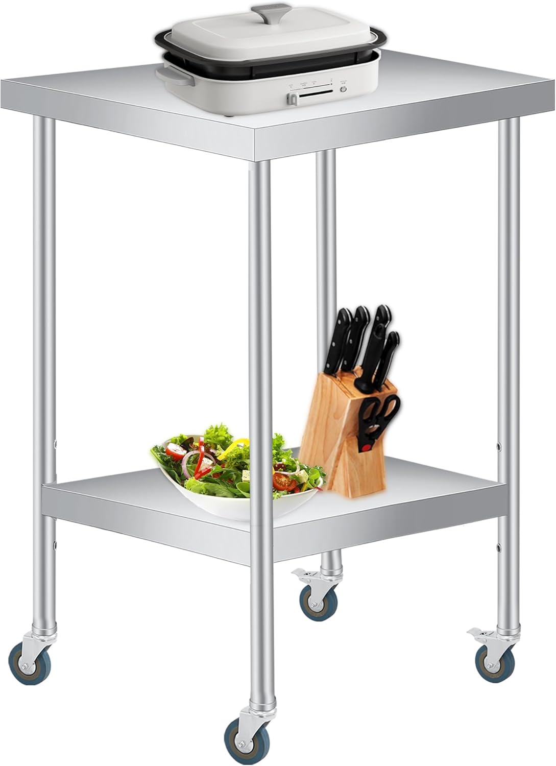 Stainless Steel Table, 24" x 24" Prep Workstation, 1000 LBS, NSF Commercial Work Table with Adjustable Undershelf and Lockable Casters, for Restaurant, Home, Kitchen, Hotel, Outdoor
