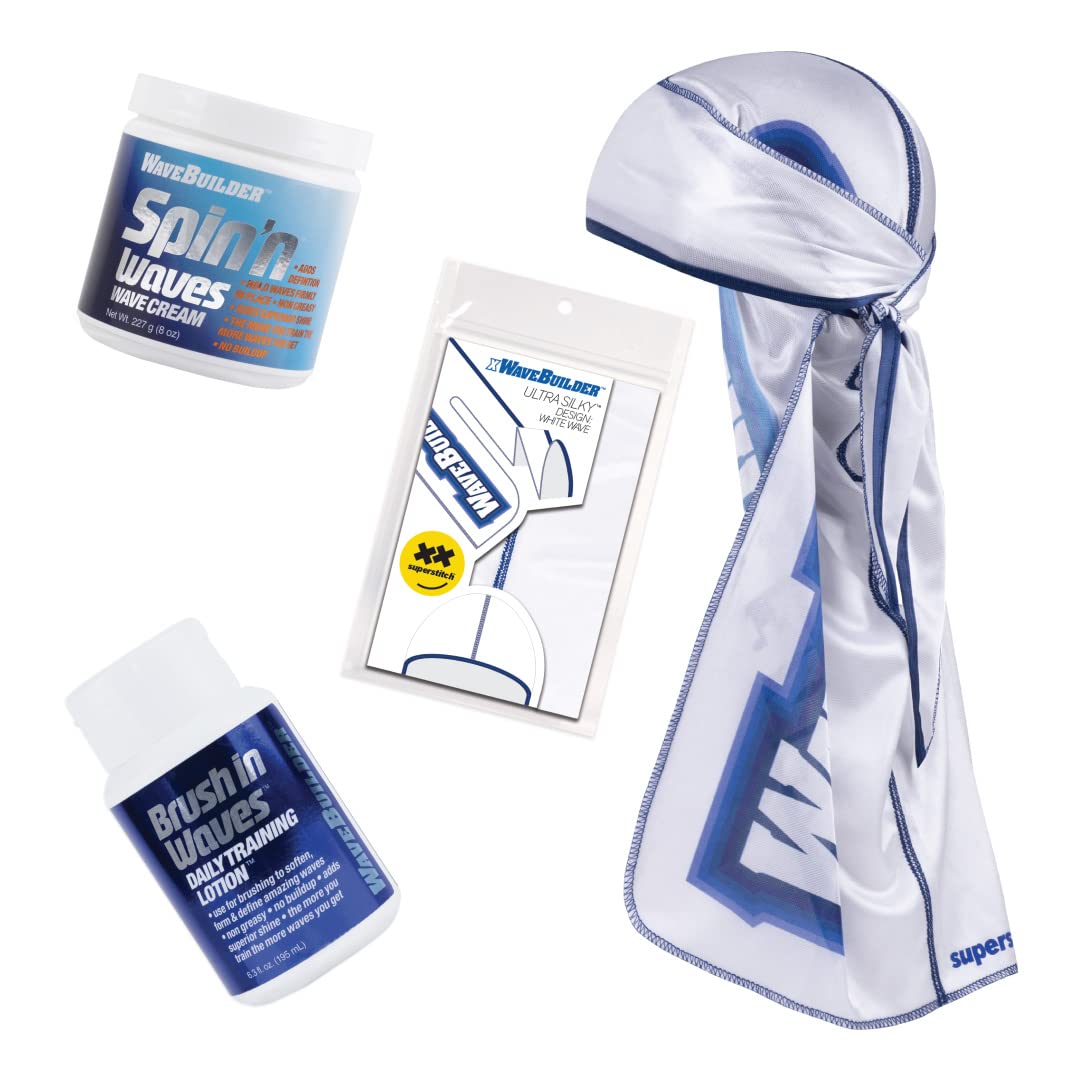 WAVEBUILDER Waving Essentials Bundle for 360 Waves | Brush In Waves, Spin'n Waves Wave Cream and a Silky Durag Design: White Wave
