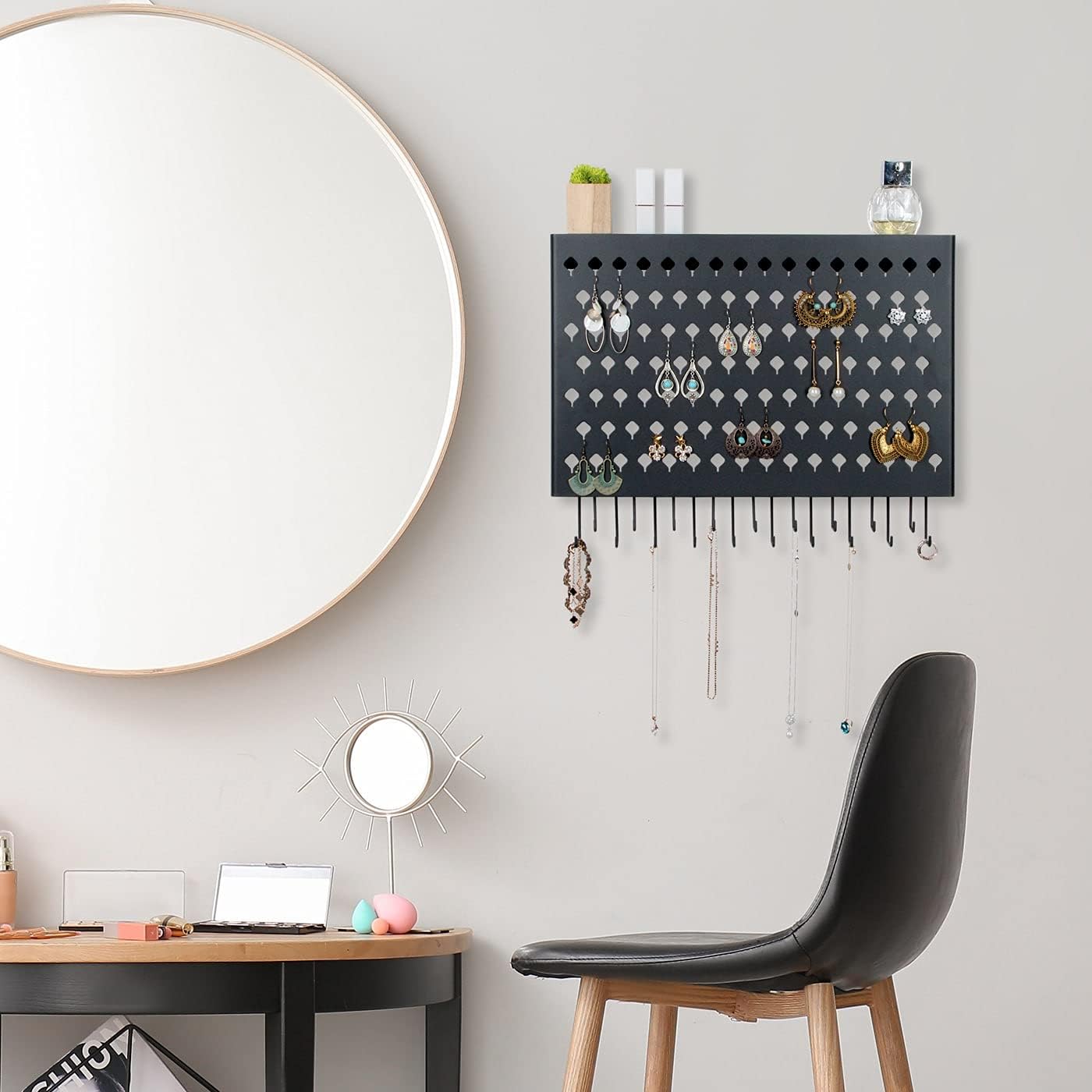 JackCubeDesign Wall Mounted Jewelry Organizer, Earring Necklace Bracelet Holder Display Hanger with 109 Holes & 19 Hooks (Black,16.5 x 2.4 x 13.2 inches) - MK329A