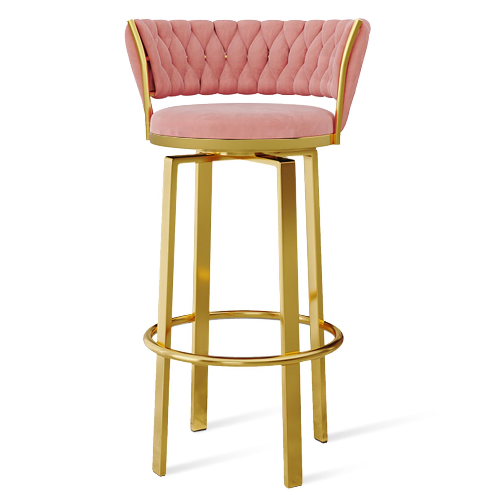 Tabourets de bar en velours haut de gamme dossier tressé et piétement luxe doré