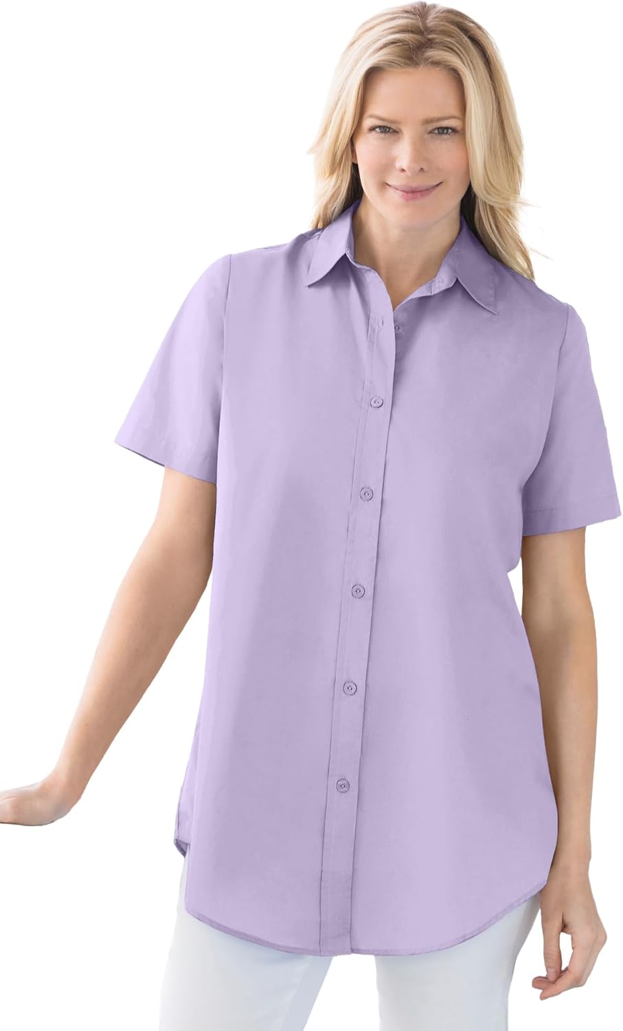 Woman Within Plus Size Perfect Short Sleeve Button-Down Shirt Oversized Tunic Blouse
