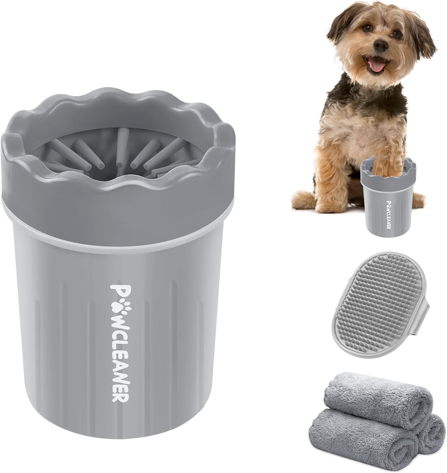 Comotech Dog Paw Cleaner, Portable Dog Paw Washer Pet Cleaning Silicone Brush with 3 Absorbent Towel, Pet Foot Cleaner for Small Breed Dogs(Grey)