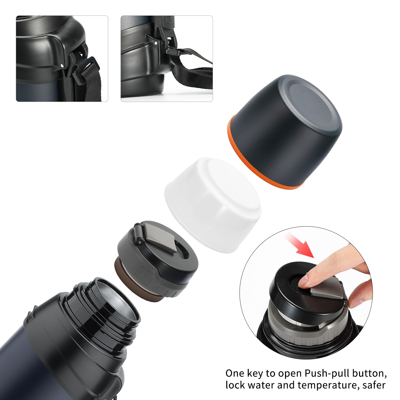 Termo de 2,0 l, termo de acero inoxidable, termo con 2 vasos, aislamiento de doble pared, botella de agua para camping, 24 horas caliente y fría (azul oscuro) | Termo de acero inoxidable con vaso de plástico sin BPA, seguro, duradero, para viajes, senderi