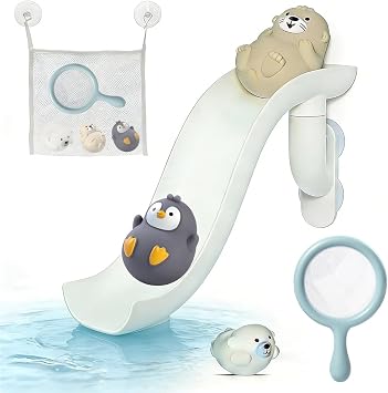 Animals Slide Bath Toy Play Set with Fishing Net | Baby Slide Bath Toys with Fishing Net for Boys and Girls 6+ Months - Suction Cup Toy Attaches to Shower Wall
