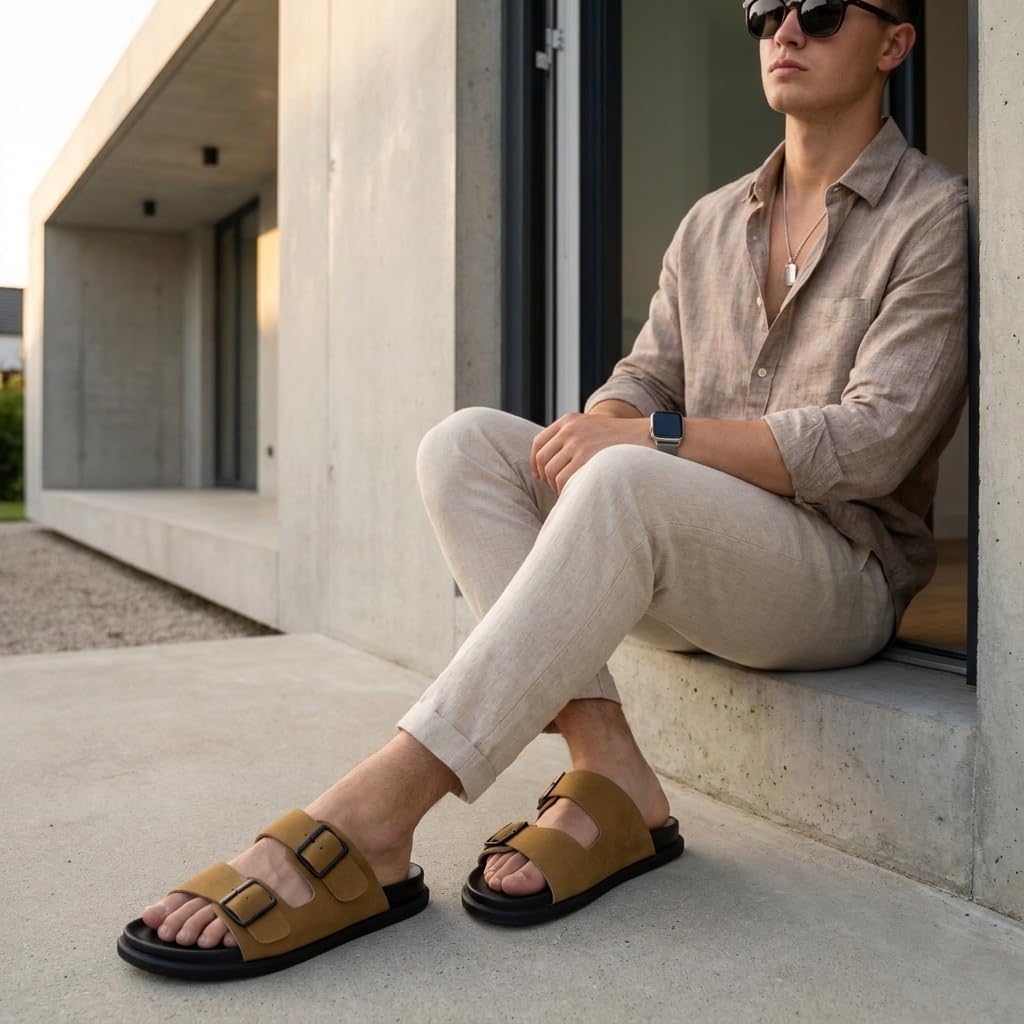 CUSHIONAIRE Alpha 100% Genuine Leather Mens Sandals, Casual Slip On Flat Men Slides with Adjustable Buckles image 2