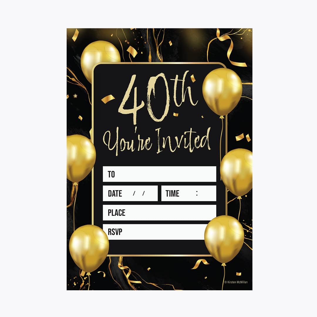 32 Black Gold Balloons Party Invites - Age 40 Party Invitations Adult - A6 Birthday Party Invitations with Envelopes – Designed and Printed in the UK