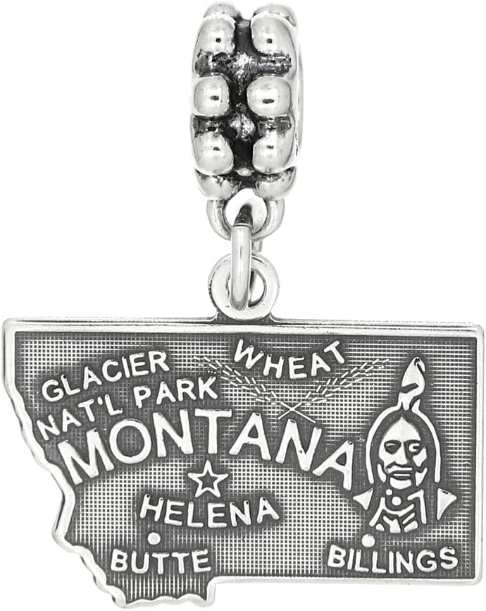 LGU Sterling Silver Oxidized Montana State Map Dangle Bead Charm