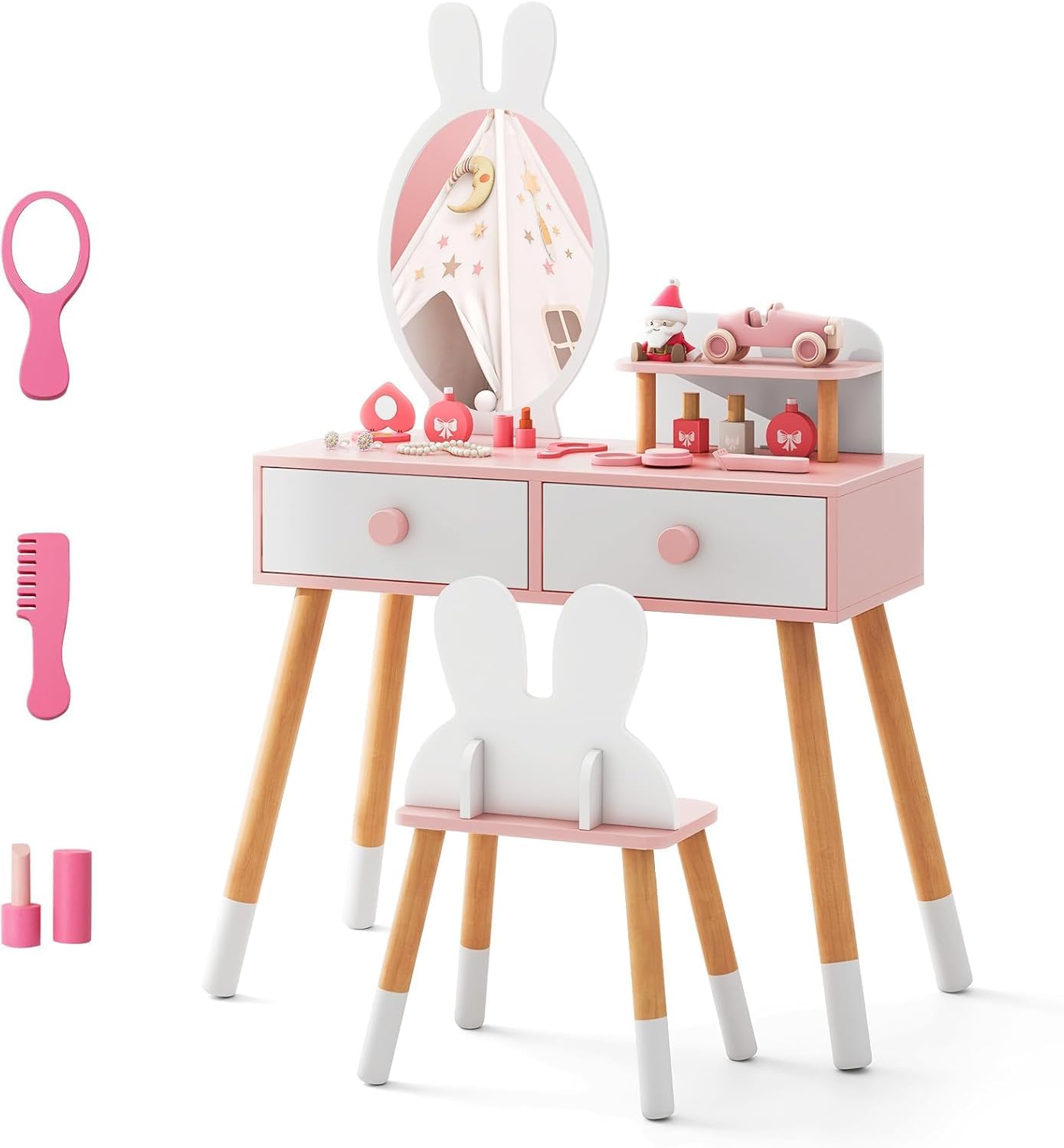 2 in 1 Kids Dressing Table Set White Girls Dressing Table with Mirror, 2 Drawers & Shelf, Rabbit Makeup Set for Girls