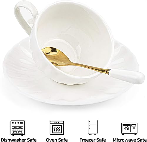 Miniatura 4 de Yesland Juego de 6 tazas y platillos de té real, juego de té de porcelana blanca de 8 onzas y tazas de café británicas, tazas de café con leche