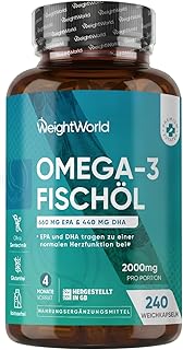 Omega 3 Weichkapseln - 2000mg Fischöl mit 1100mg Omega-3, 660mg EPA & 440mg DHA pro Portion - 240 Omega 3 weich Kapseln - Fish Oil - Frei von Gluten, Gentechnik, Laktose - WeightWorld