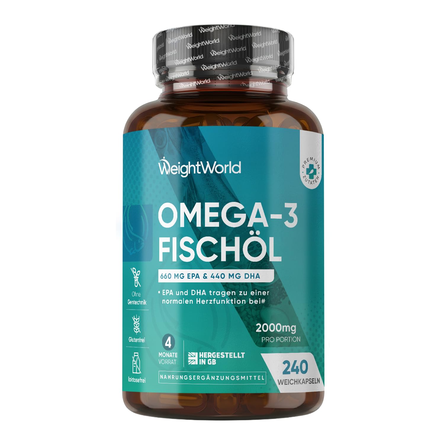Omega 3 Weichkapseln - 2000mg Fischöl mit 1100mg Omega-3, 660mg EPA & 440mg DHA pro Portion - 240 Omega 3 weich Kapseln - Fish Oil - Frei von Gluten, Gentechnik, Laktose - WeightWorld