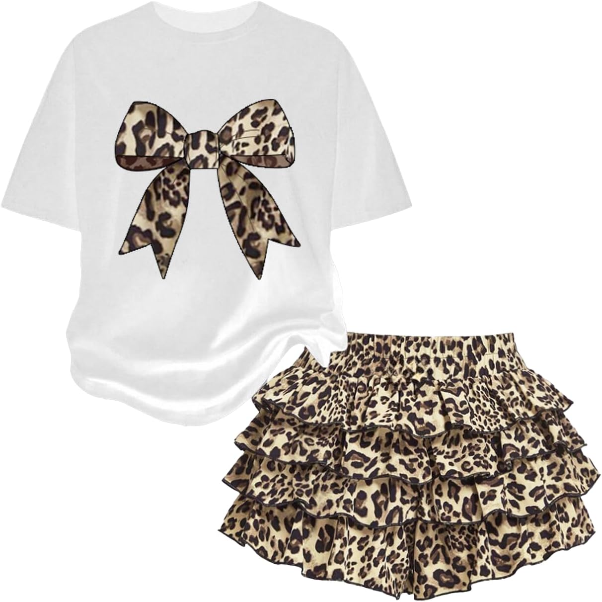 Summer Outfits for Girl 2 Piece, Bow Graphic Tees and Leopard Short Skirt Fashion Casual Clothing