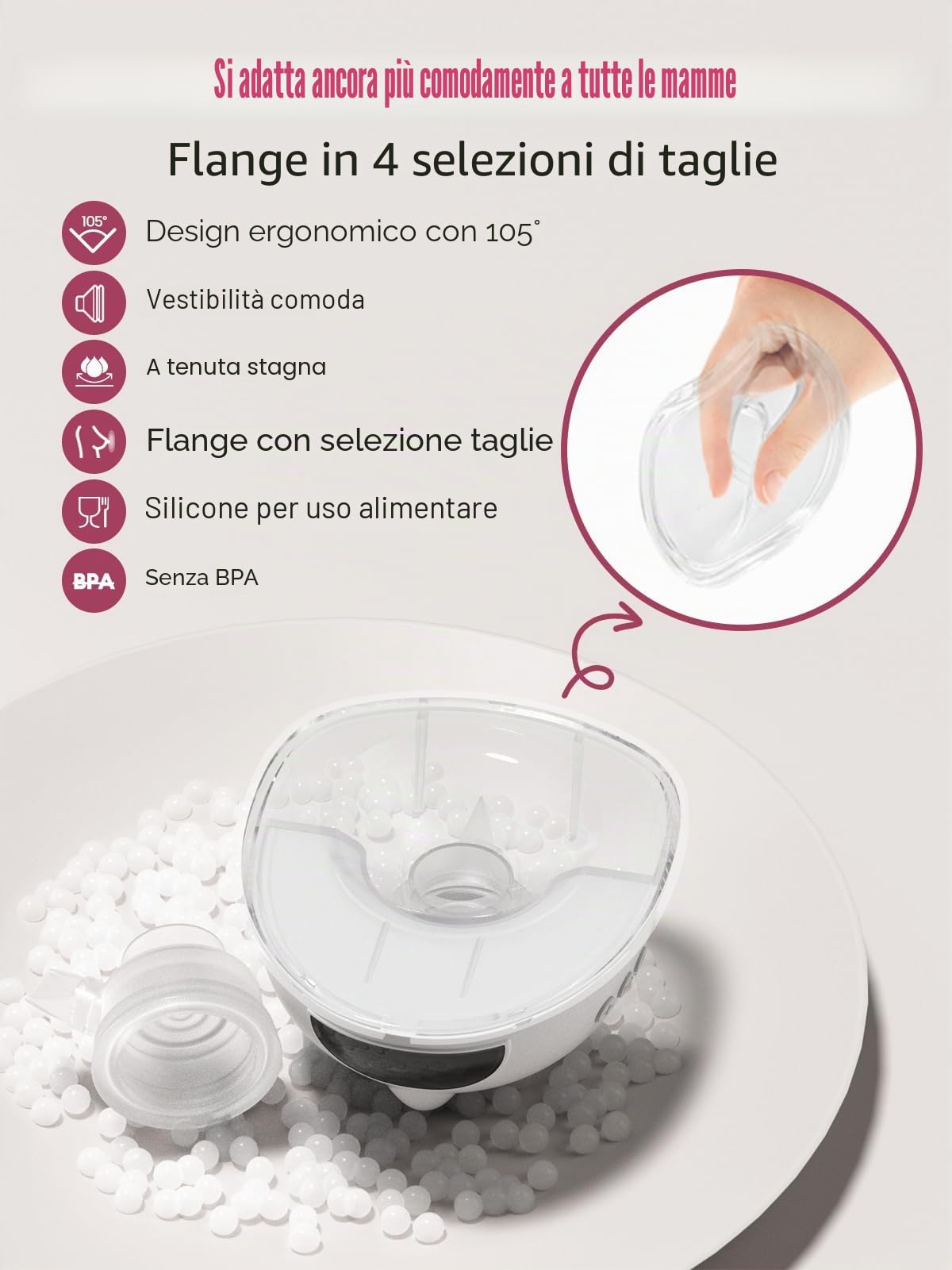 Lulia Tiralatte Elettrico Indossabile LU05, 4 Modalità e 9 Livelli, 350mmHg Forte Aspirazione Confortabile, Funzione di Memoria, senza BPA, con Flange 17/19/21/24MM (1 Pezzi)