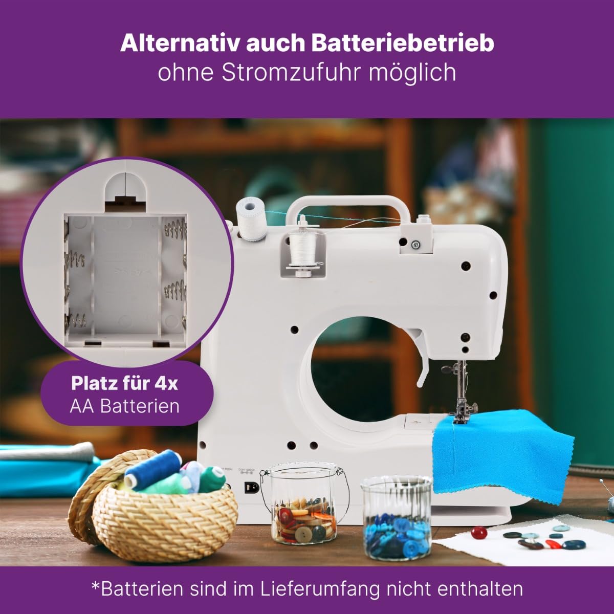 Bomann® Nähmaschine für Anfänger mit 12 Stichmustern | Sewing Machine mit Vor- u. Rückwärtsnähfunktion & 2 Geschwindigkeitsstufen | mit Batterie- oder Netzbetrieb & blendfreiem LED-Licht | NM 6063 CB