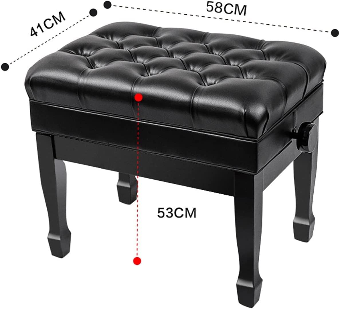 Panca per pianoforte in pelle con gambe in legno massello e cuscino imbottito, sgabello regolabile per pianoforte artista, 58 x 41 x 53 63 cm (nero/marrone)