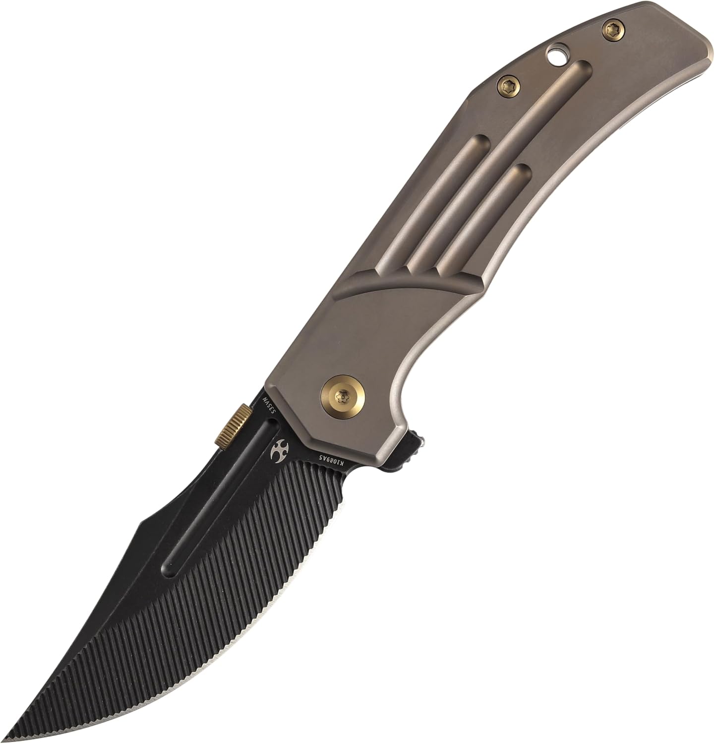 KANSEPT Orion Pocket Knife, 3.07'' Damascus Elegant Blade with Blood Groove, CNC Black Anodized Milling Titanium Handle and Flipper, for Men Women Camping Survival Hunting Folding Knives K1089A3
