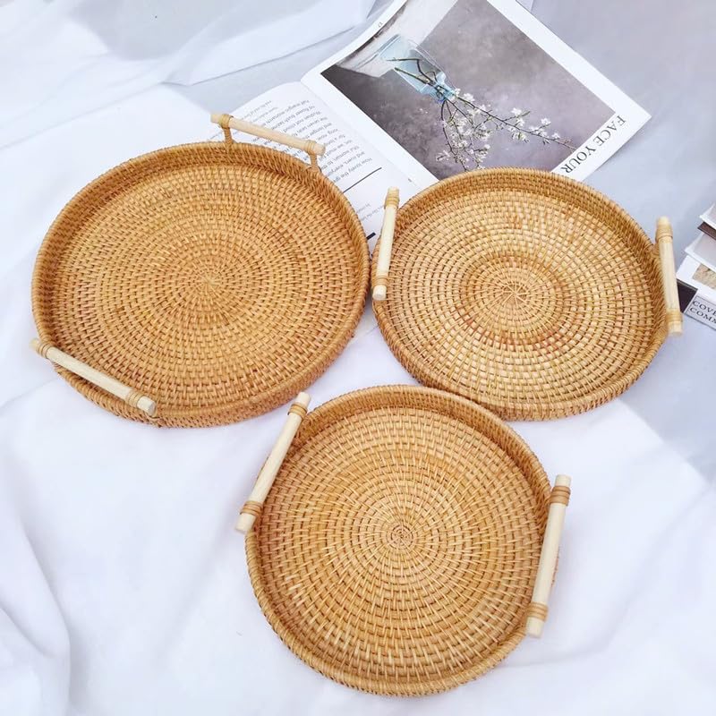 Hand-woven Wicker Storage Bread Baskets,Round Fruit Baskets with Handle, Natural Woven Serving Basket Bowls, Decorative Baskets for Kitchen Counter Organizing (S-8.7X8.7X1.2inch)