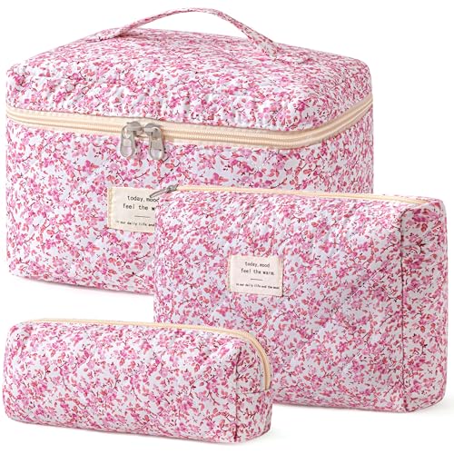 HBselect 3 PCS Quilted Makeup Bag, Cotton Large Travel Makeup Bag, Cute Floral Coquette Make up Bag Cosmetic Bag Toiletry Bag for Women Girls by HBselect - Used condition - CA$16.11