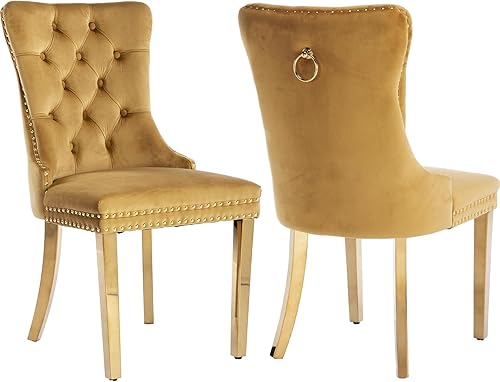 Miniatura 47 de Juego de 8 sillas de comedor tapizadas de lujo, sillas de cocina beige con patas de metal dorado, silla de comedor con respaldo capitoné de