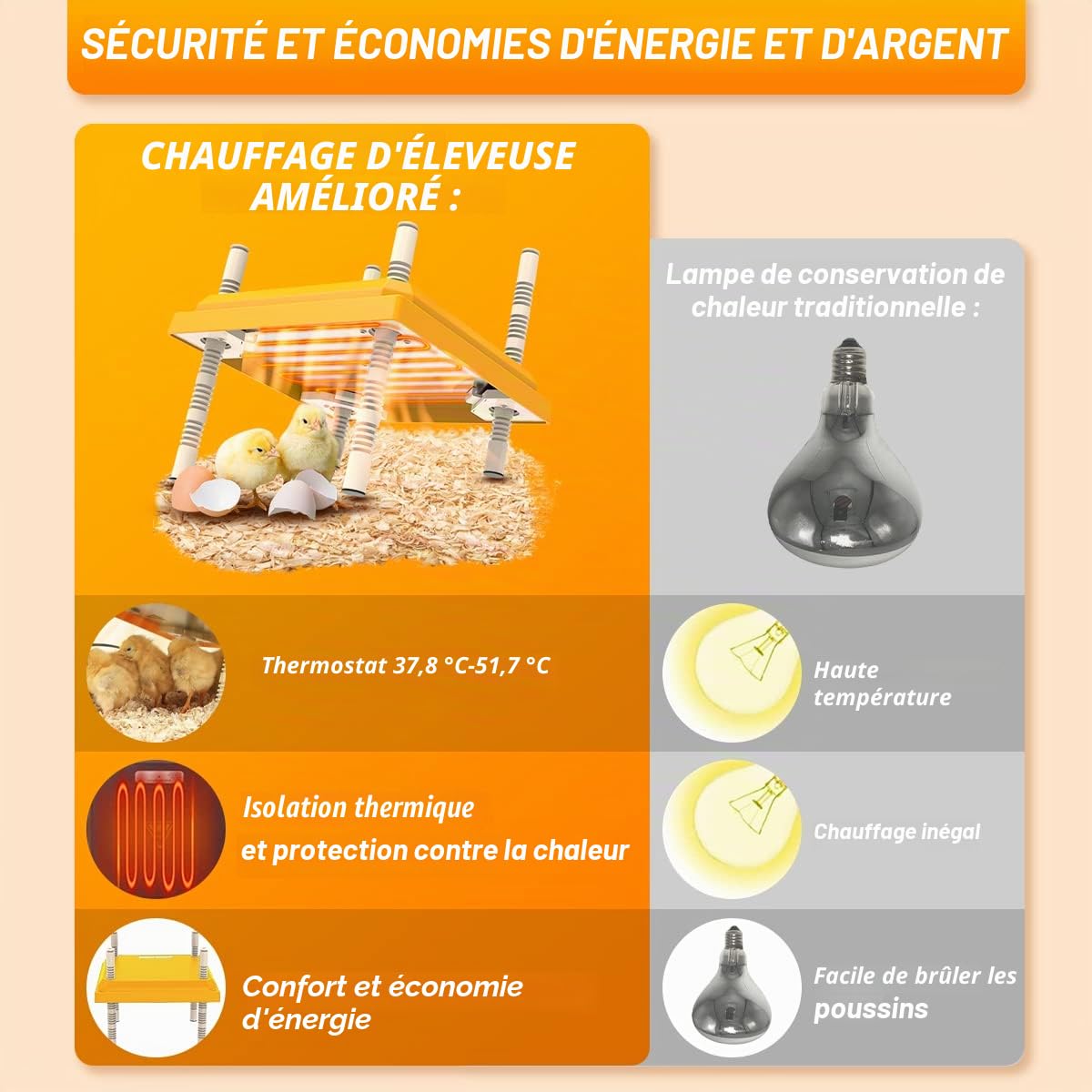 Plaque Chauffante pour Poussins 25x25cm, Lampe Chauffante Élevage, Chauffages pour poulailler, Couveuse Poussin avec Réglage de Hauteur, Cage Poussin pour 15-20 Poussins, Température Réglable