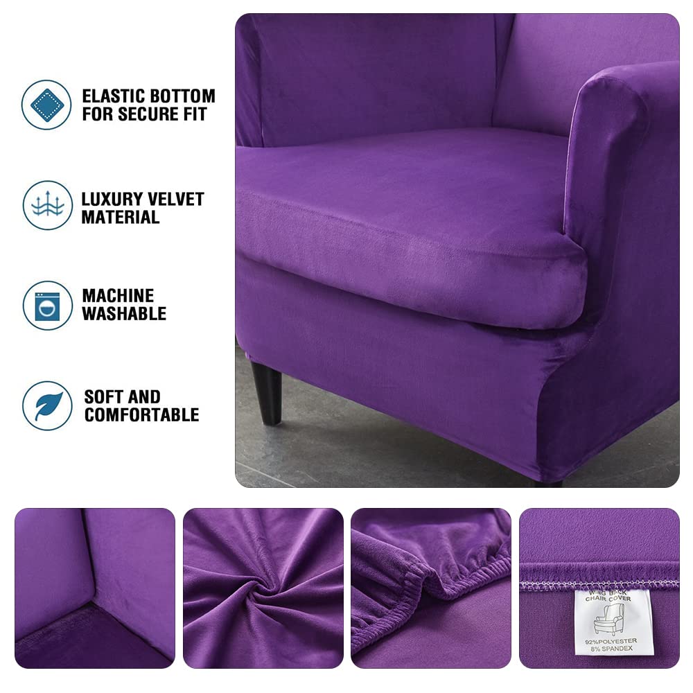 Ohrensessel Schonbezug aus Samt Stretch 2 Teilig Ohrensessel Bezüge Waschbarer Sofabezug aus Spandex Möbelschutz für Sessel Stühle Wohnzimmer Schlafzimmer (lila)