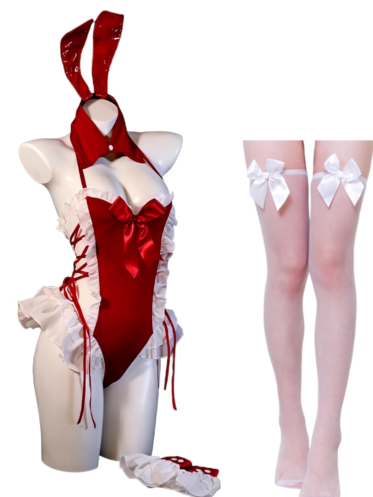 NSPSTT Sexy Bunny Outfit for Women Anime Bunny Costume Adult Bodysuit with Headband Stockings Sleeves Set for Halloween & Cosplay, Red