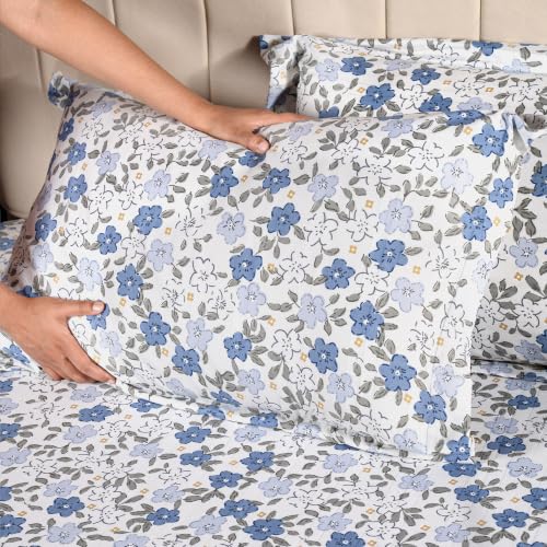 Image of Home Elegance from House of Mytrident | Linen Feel Bed Sheet for Double Bed King Size with Two Pillow Covers | Ultrasoft | Floral 274cm x 250cm | myTrident - Zest Blue
