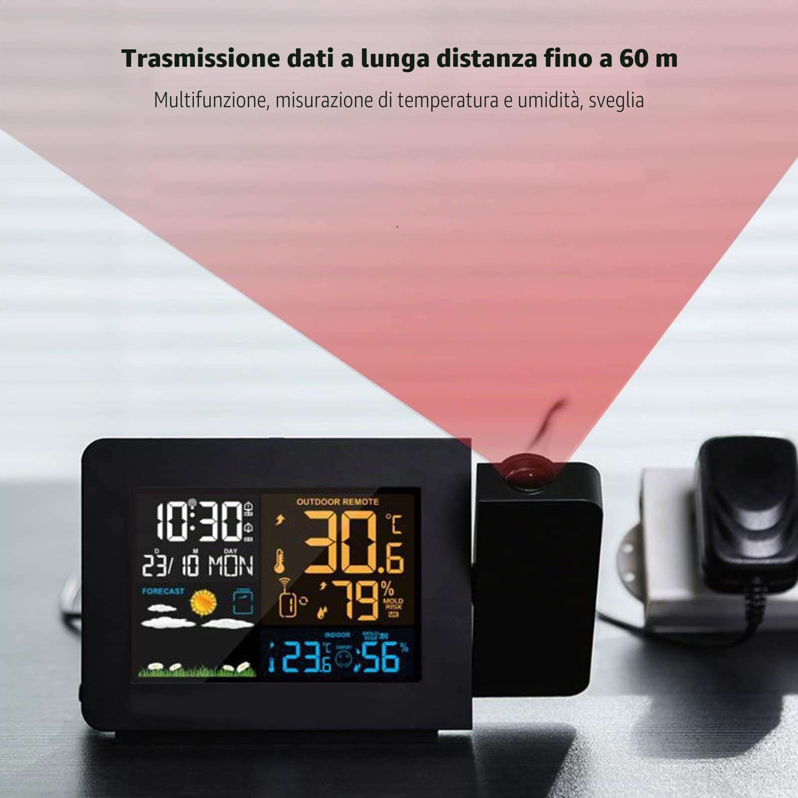 Stazione Meteo, Stazione Meteorologica Termometro per Interni Ed Esterni, Orologio con Trasmissione 60M, Funzione di Proiezione, Previsione Della Temperatura, Igrometro Digitale per Casa