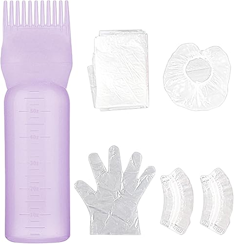 Botella aplicadora de peine de raíz, con escala graduada, botella aplicadora morada, aplicador de aceite para el cabello de 6 onzas para teñir el