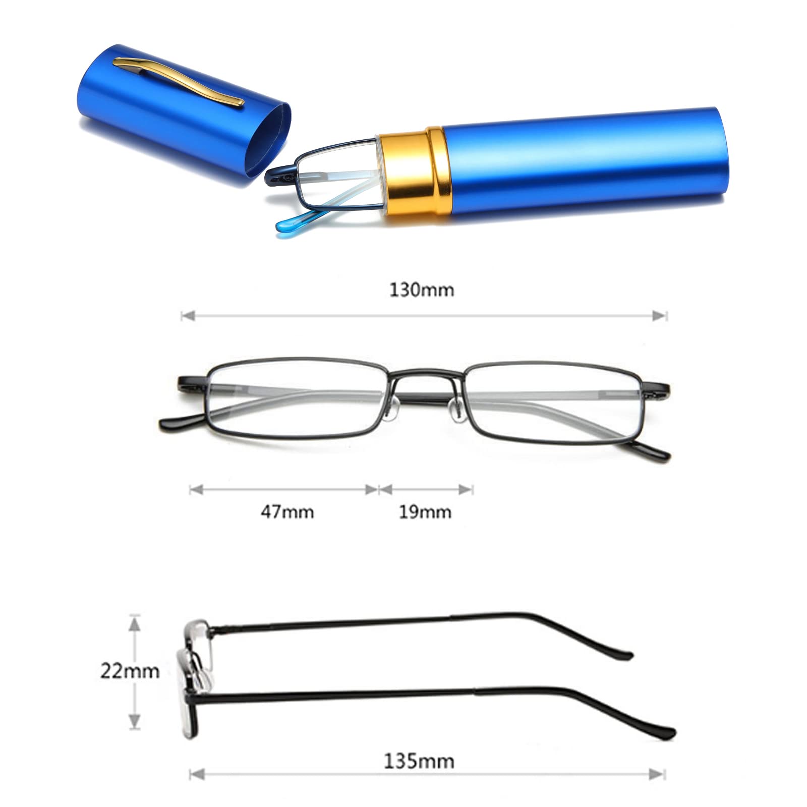 Hubeye Gafas de lectura portatiles con forma de bolígrafo de metal para hombre y mujer Anteojos de lectura con bisagras de resorte Anti luz azul con funda metal de bolsillo 2.00