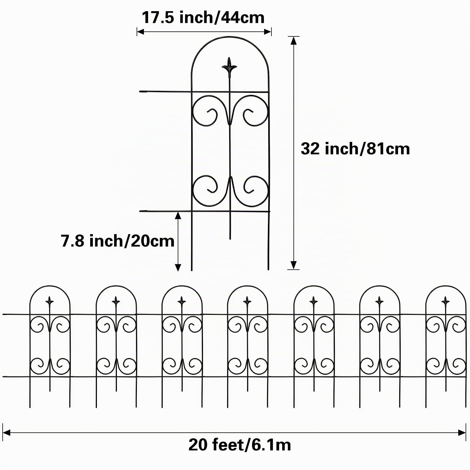Thealyn Bordure de clôture de jardin décorative en métal 82 cm x 6,1 m - Panneaux de clôture en fer forgé antirouille pour parterres de fleurs, arbres, barrière d'animaux