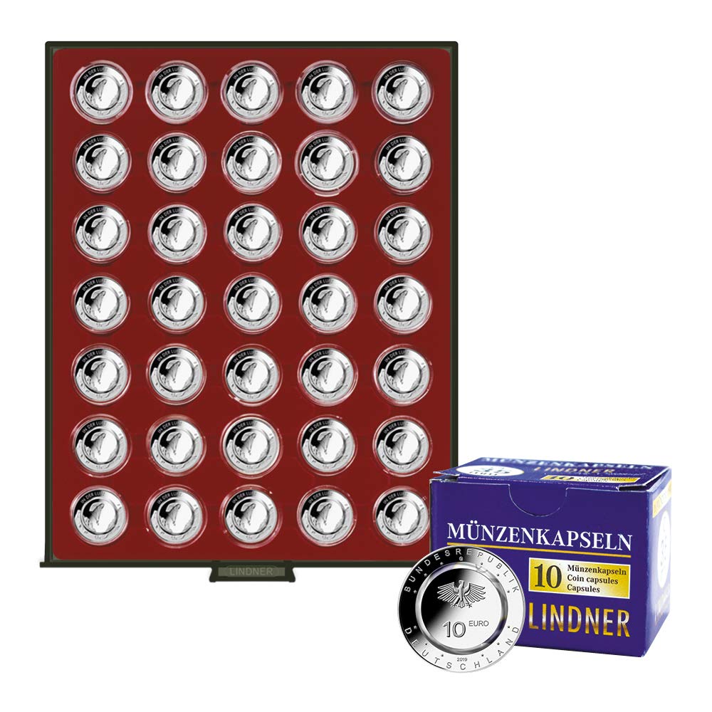 LINDNER Das Original Bandeja para Monedas Smoked Glass por 35 Piezas de Monedas de coleccionista alemanas encapsuladas de 10 Piezas con Anillo de polímero, Incluidas 10 cápsulas de Monedas