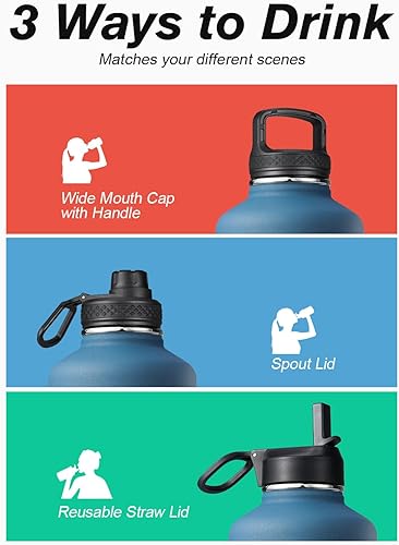Miniatura 5 de Coolflask - Botella de agua de 64 onzas aislada, con popote y 3 tapas, de acero inoxidable con boca ancha, libre de BPA, mantiene las bebidas frías