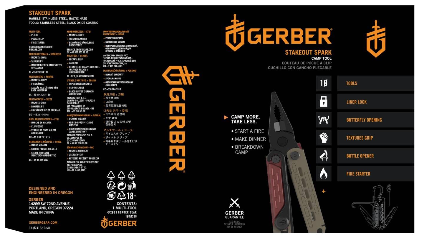 Gerber Multi-Tool mit 10 Funktionen, Stakeout Spark | Camping-Tool mit Frame-Lock Verriegelung, Zange, Feuerstarter, Karabiner u.v.m., Baltic Haze, 1070268