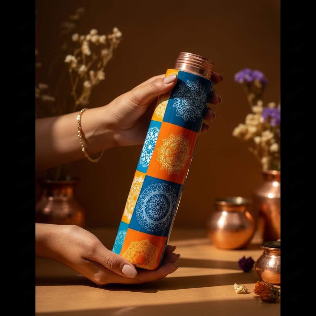 Pure Copper Water Bottle 34Oz | Authentic Ayurvedic Vessel for Immune Support & Wellness | Eco-Friendly, BPA-Free Sport (Mandala)