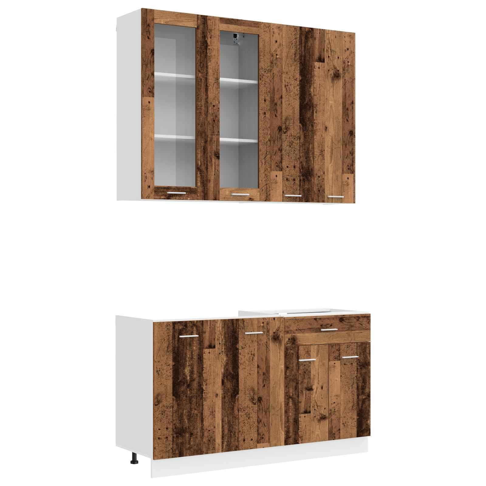 Küchenzeile Lyon 4-teilig Küchenblock aus Holzwerkstoff in Altholz-Optik, Miniküche Set mit Hängeschränken und Unterschränken für Küche und Esszimmer, 4-TLG.
