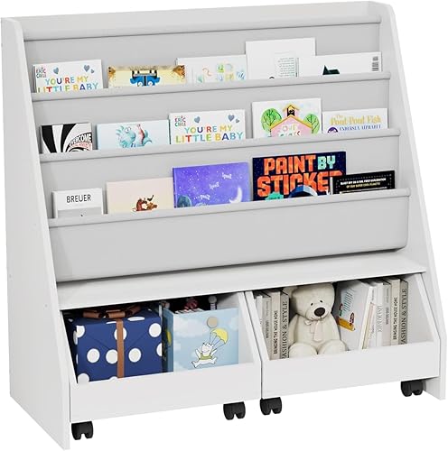 Miniatura 226 de Estantería de madera rosa de 4 niveles para niños, estantería de 5 capas, estante para libros de almacenamiento para bebés, organizador de juguetes