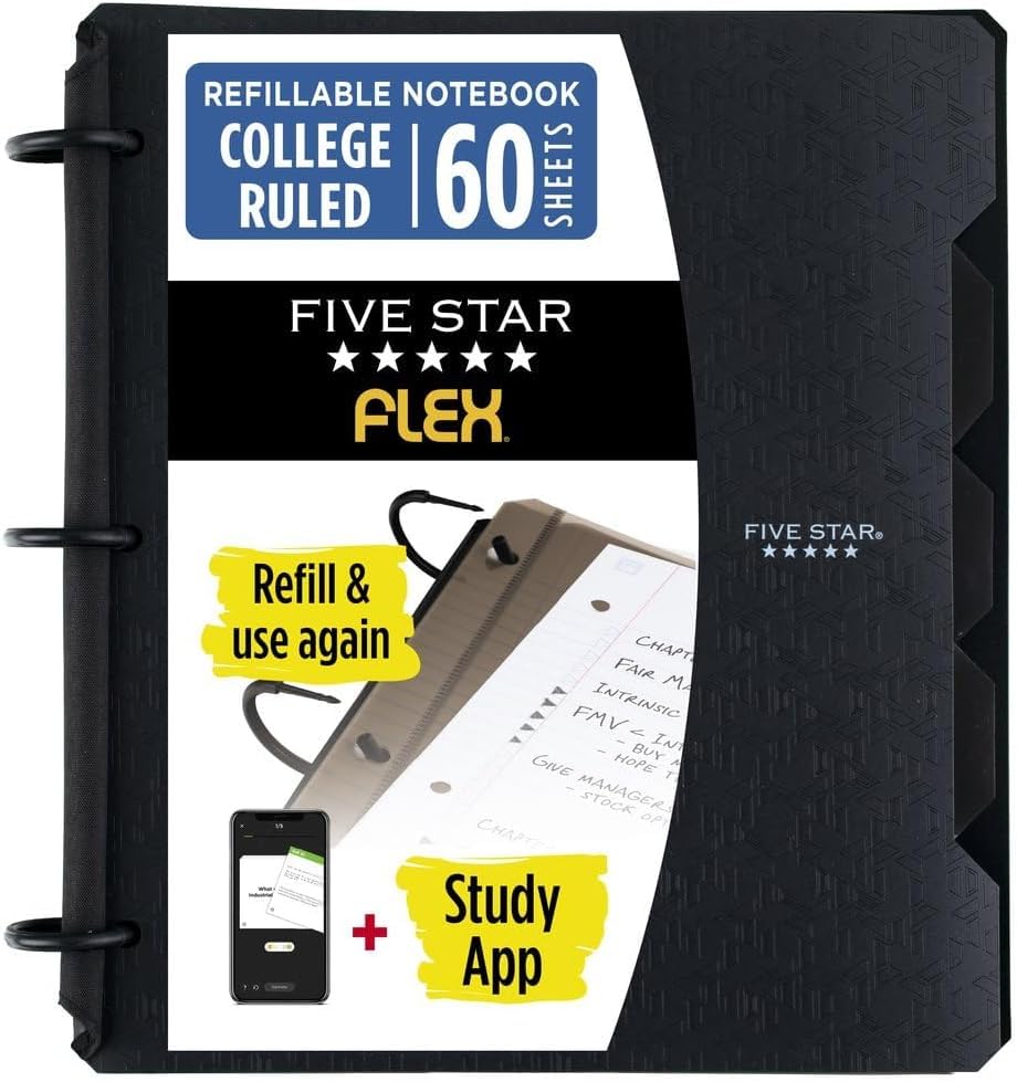 Image of Five Star Flex Refillable Notebook + Study App, College Ruled Paper and 1 Inch TechLock Ring Binder with Pockets, Tabs and Dividers, 200 Sheet Capacity, Black (29328AA2) (Pack of 6)