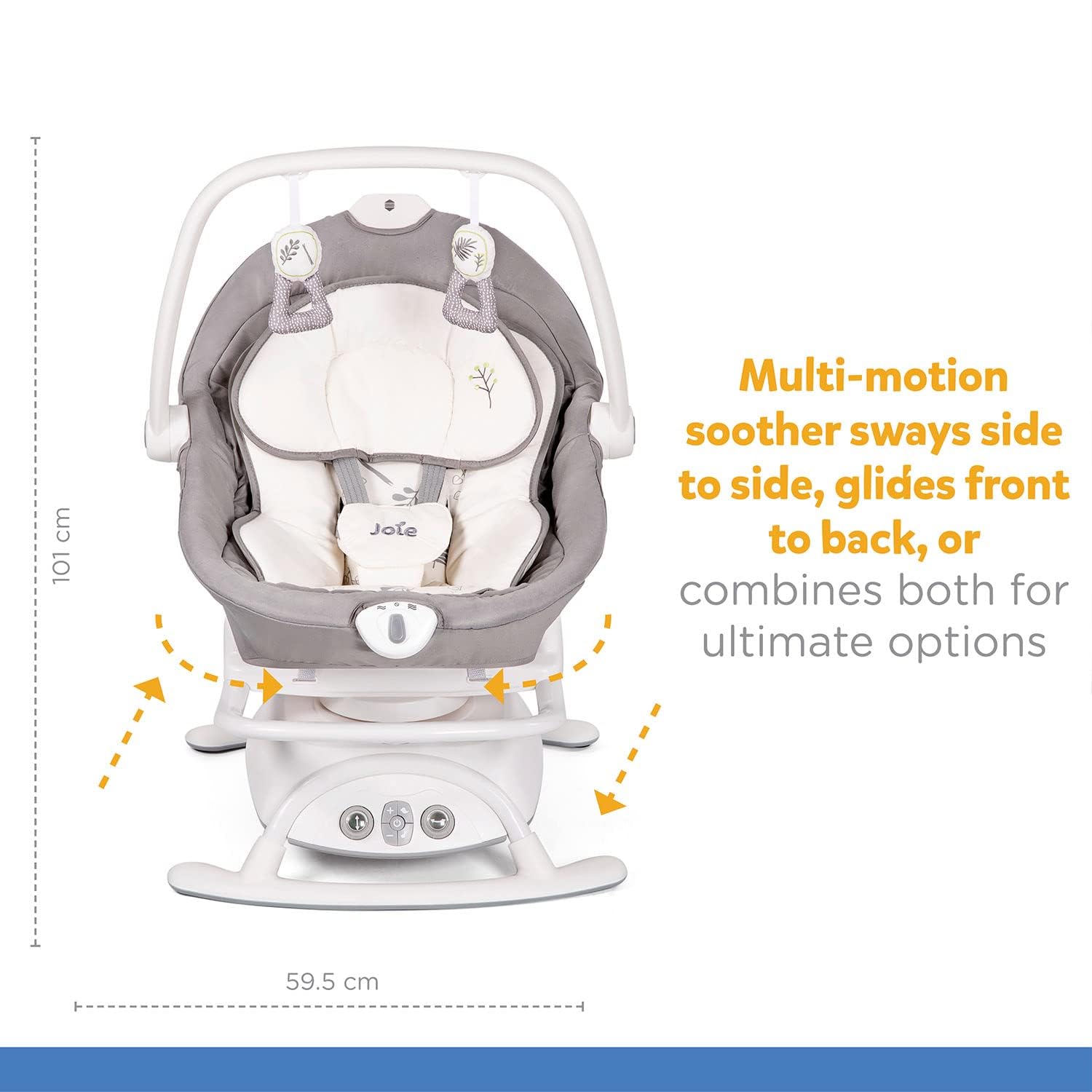 Diagram showing multi-motion capabilities and dimensions of the Joie Sansa swing